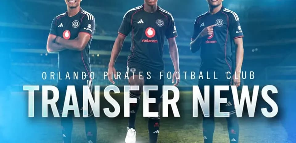 Three players posing in Orlando Pirates jerseys