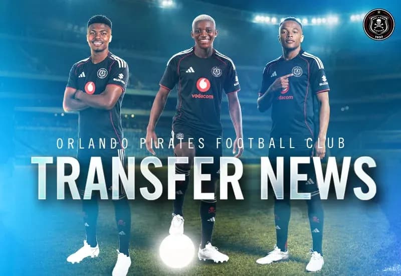 Three players posing in Orlando Pirates jerseys