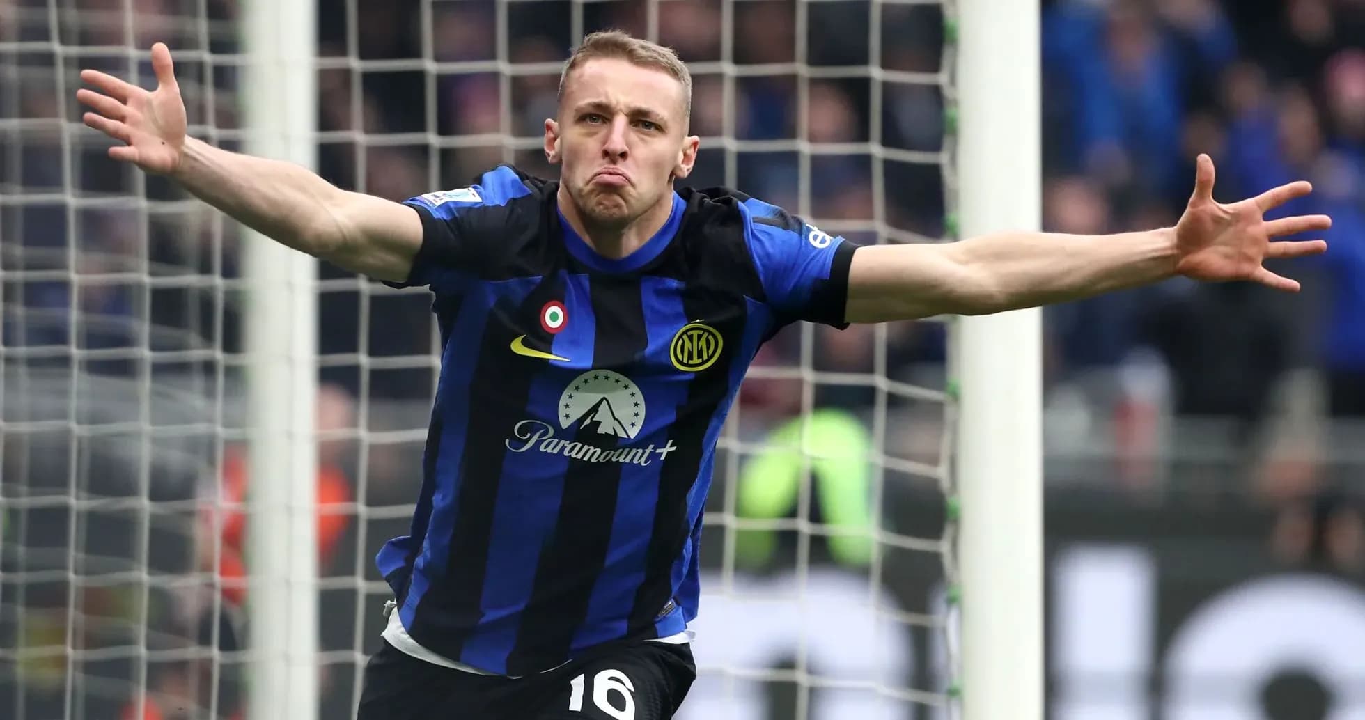 Player celebrating a goal in Inter Milan jersey