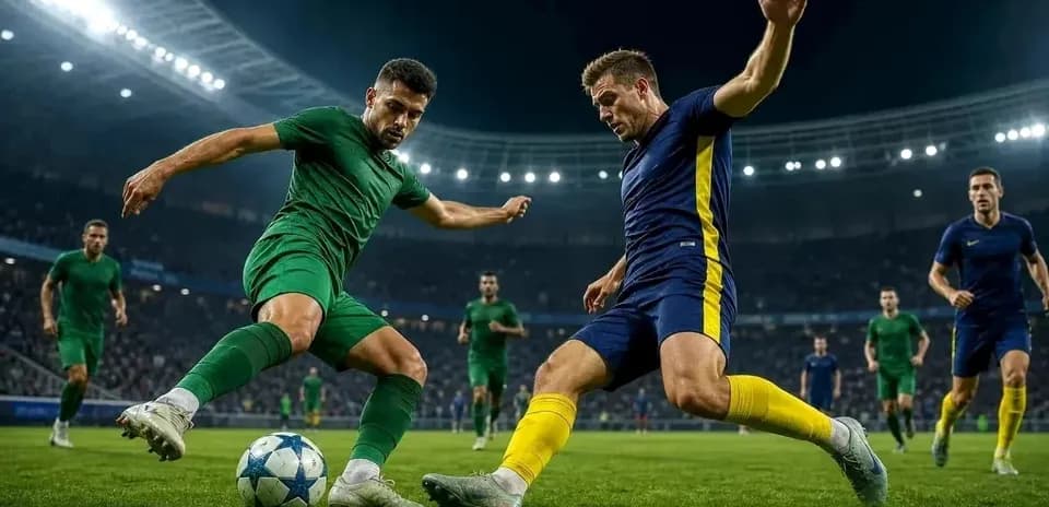 Players contesting for the ball during UEFA match