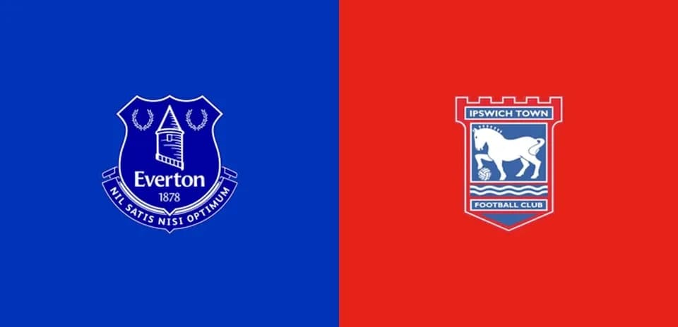 Logos of Everton and Ipswich Town on colored backgrounds