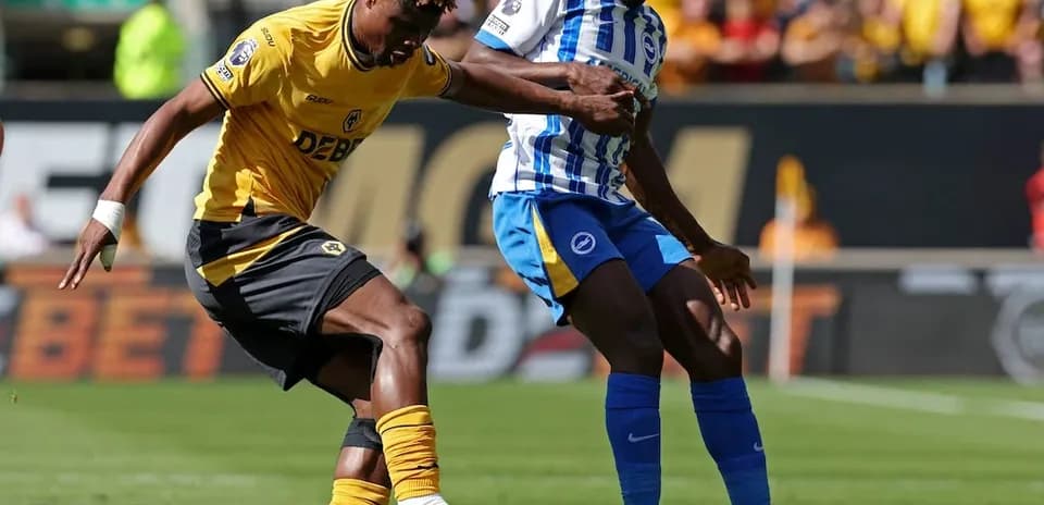 Brighton player challenges Wolves player for the ball
