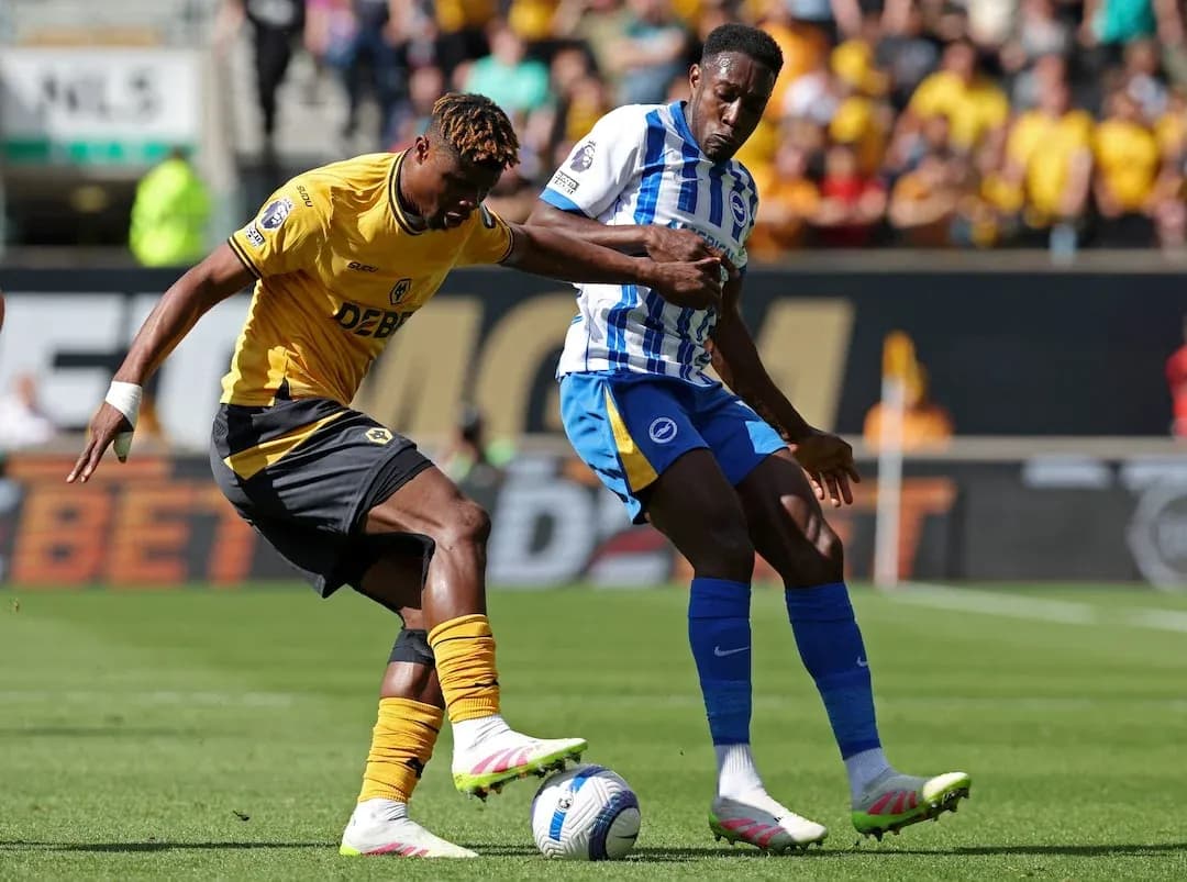 Brighton player challenges Wolves player for the ball