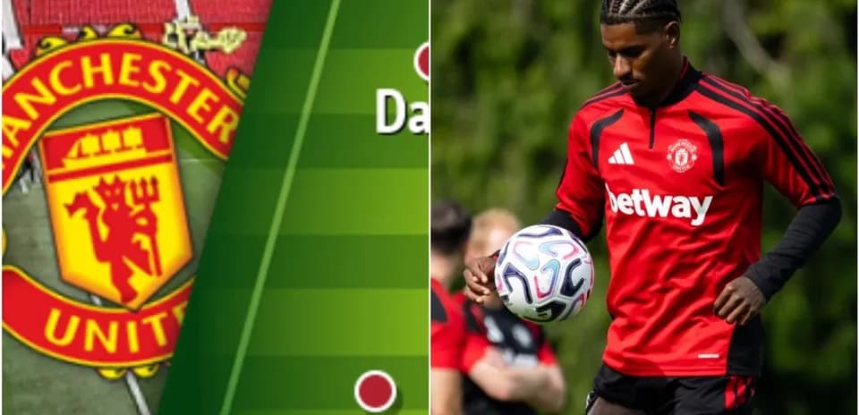Manchester United logo with player training in red kit