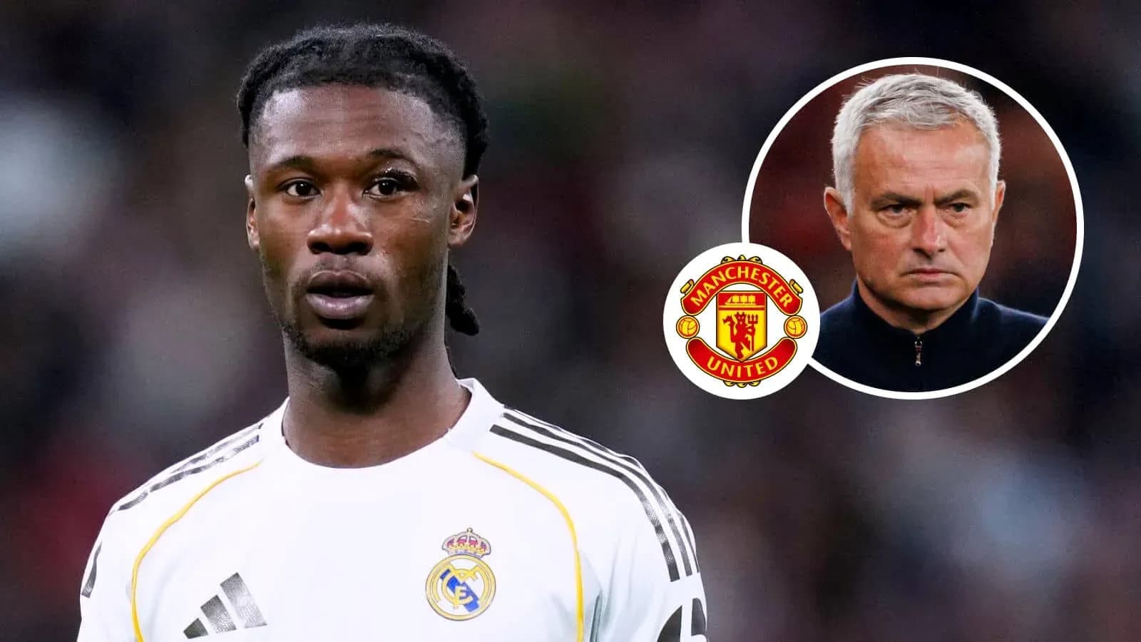 Player in Real Madrid kit with Manchester United logo