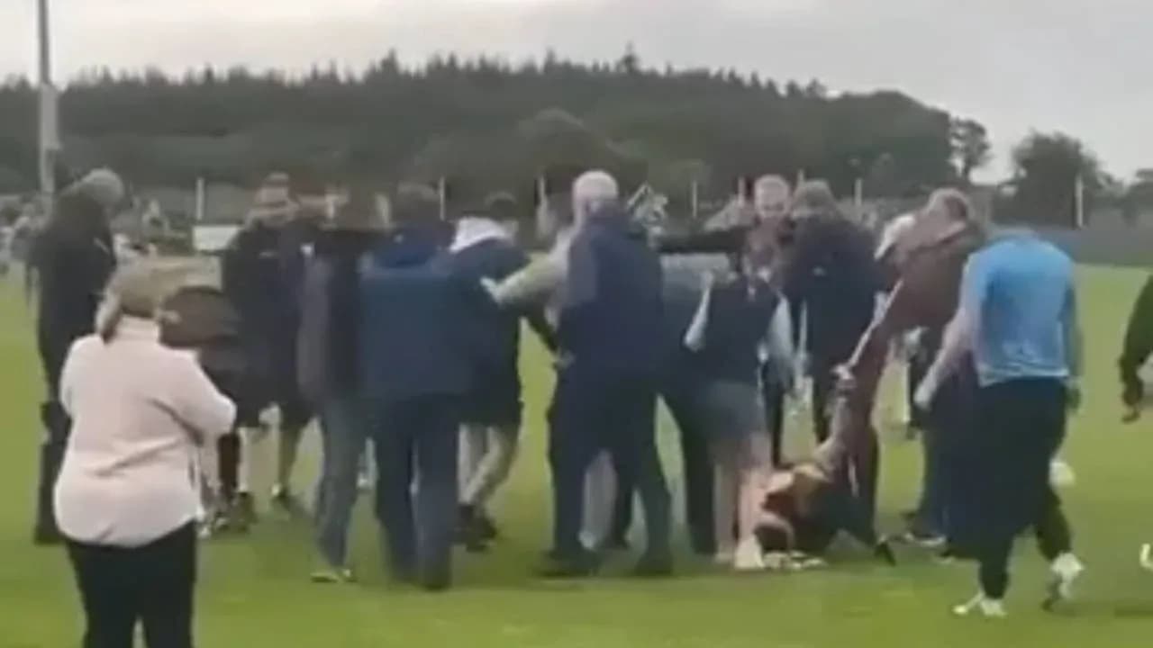 Crowd gathered around players on the field