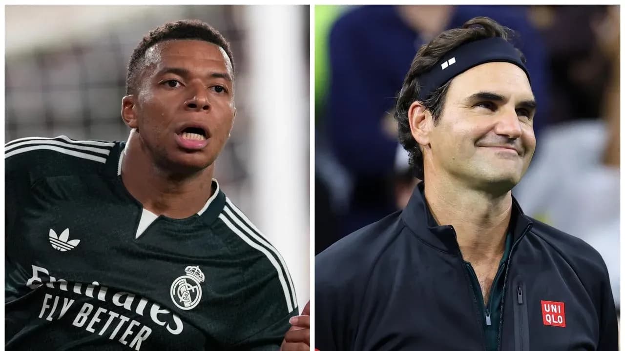 Kylian Mbappé in football kit, Roger Federer smiling