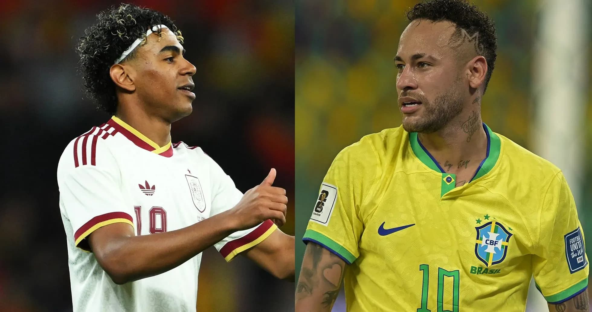 Two soccer players from Spain and Brazil in action