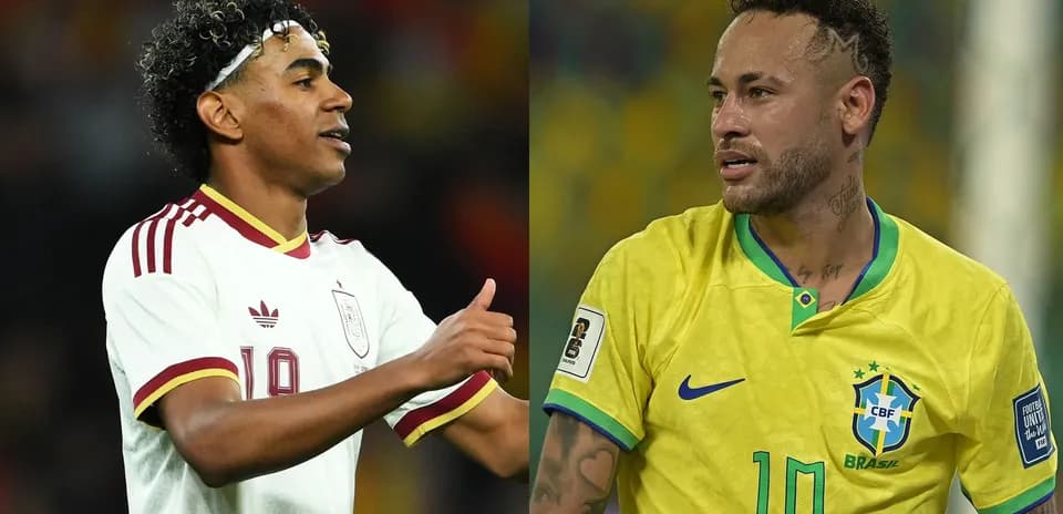 Two soccer players from Spain and Brazil in action