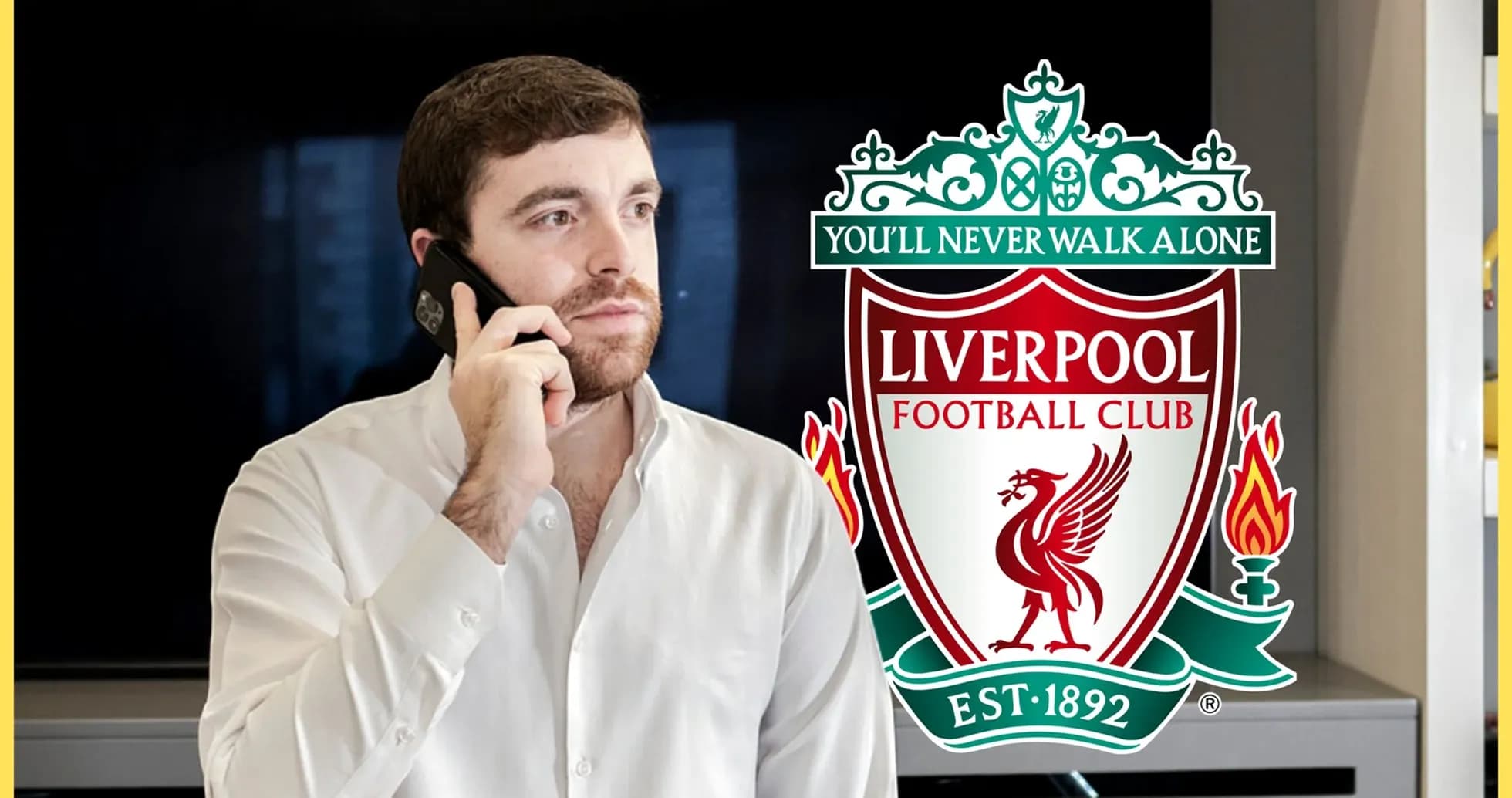Man on phone with Liverpool FC logo in background