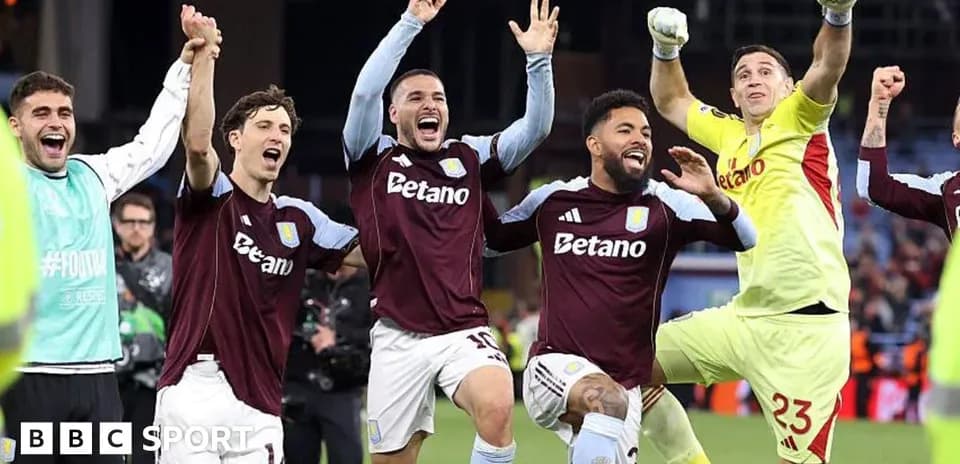 Aston Villa players celebrating a victory together