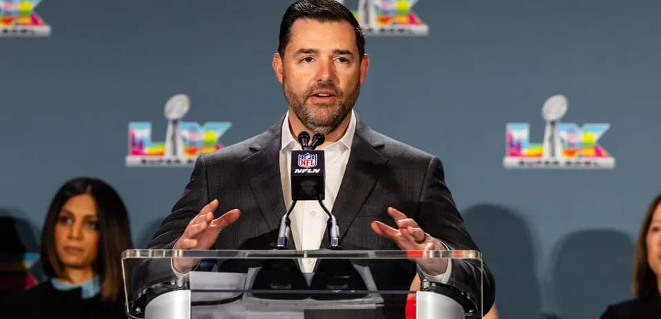 Speaker at NFL press conference discussing Super Bowl