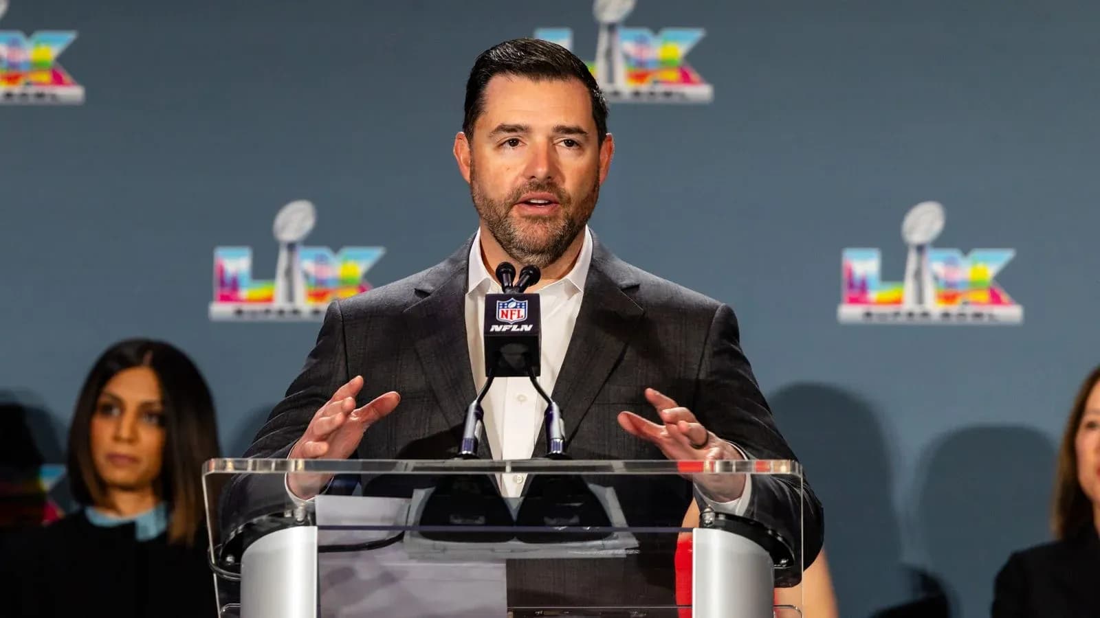 Speaker at NFL press conference discussing Super Bowl