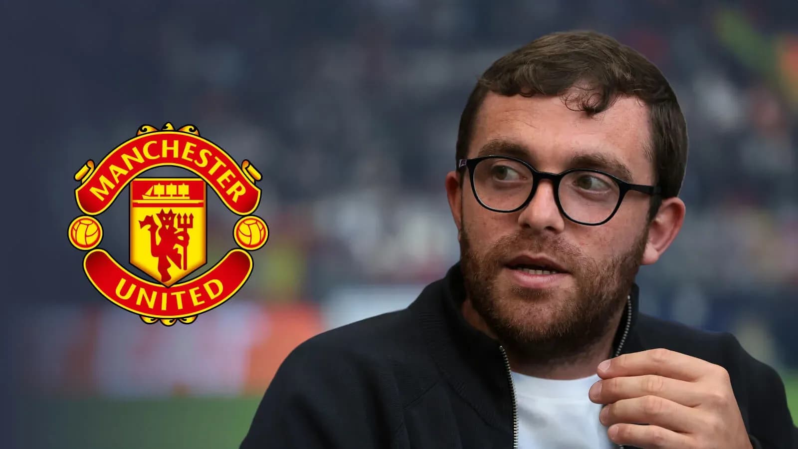 Person speaking with Manchester United logo in background