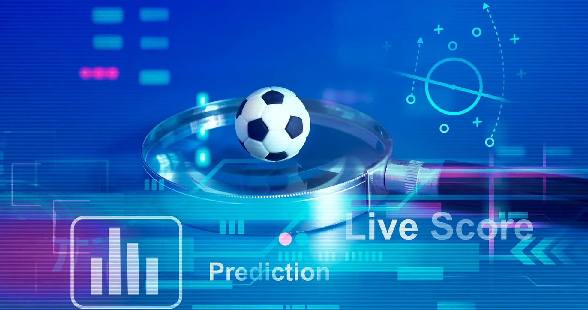 Magnifying glass over a soccer ball with analytics graphics