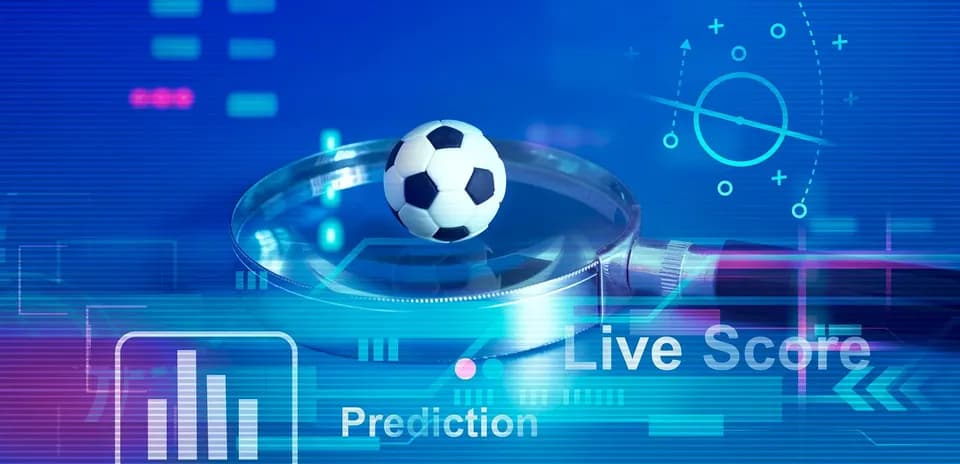 Magnifying glass over a soccer ball with analytics graphics