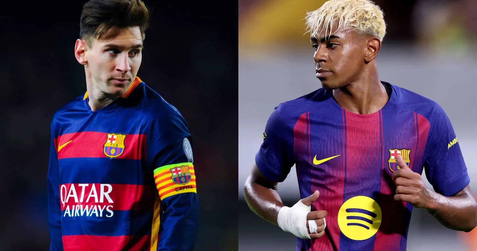 Two FC Barcelona players in match jerseys