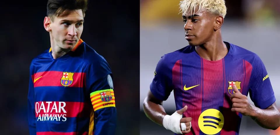 Two FC Barcelona players in match jerseys