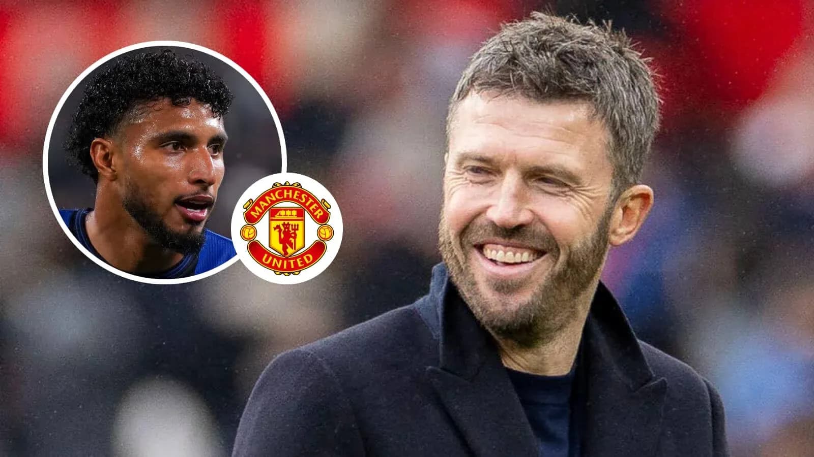 Manchester United coach smiling with player inset