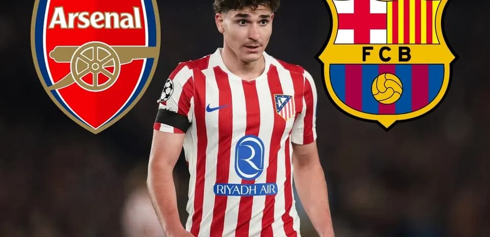 Player in Atlético Madrid kit with Arsenal and Barcelona logos