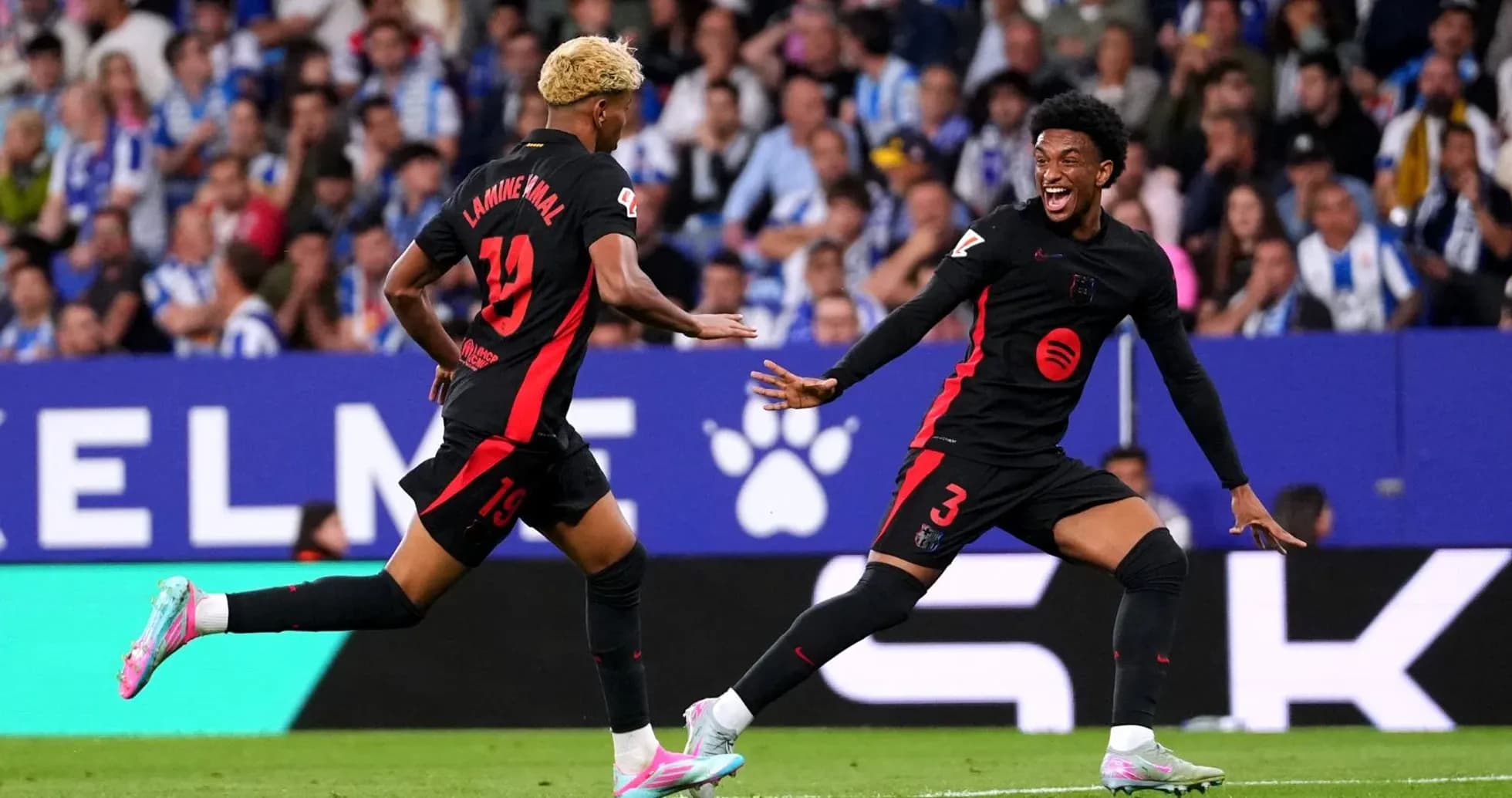 Barcelona players celebrating a goal during match