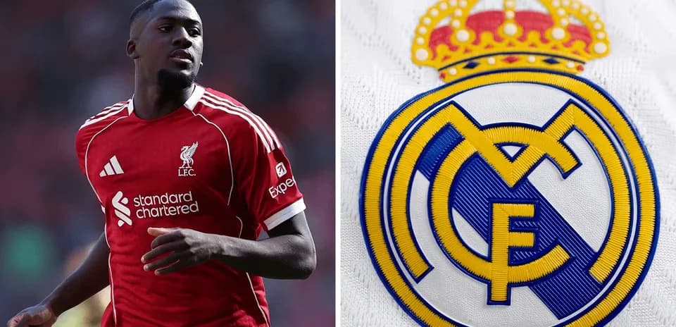 Player in Liverpool kit next to Real Madrid logo