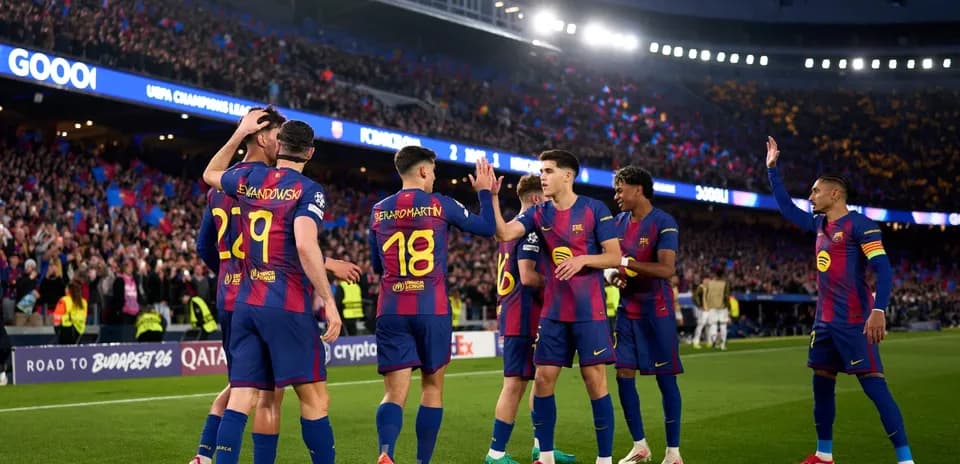 Barcelona players celebrating a goal in UEFA match