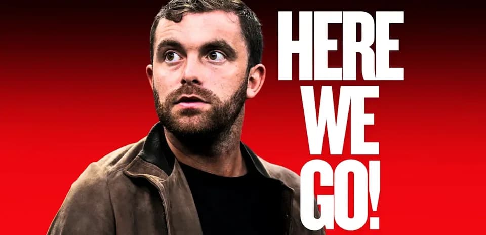 Man looking up with text 'HERE WE GO!' behind