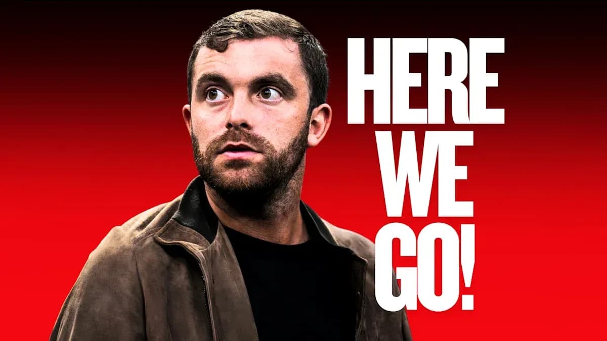Man looking up with text 'HERE WE GO!' behind