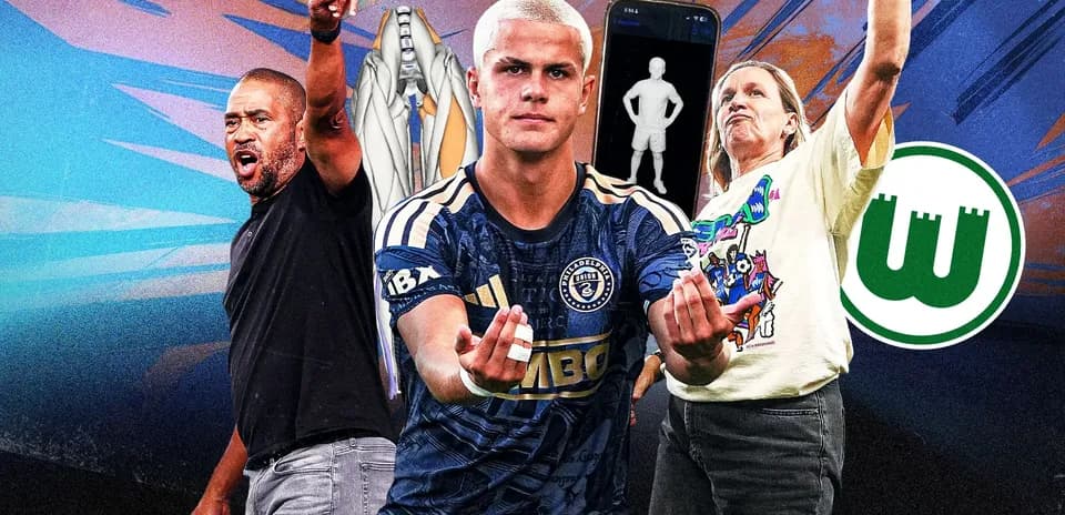 Three individuals celebrating with sports team logos in background