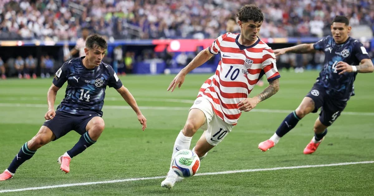 Player in striped jersey dribbling past opponents
