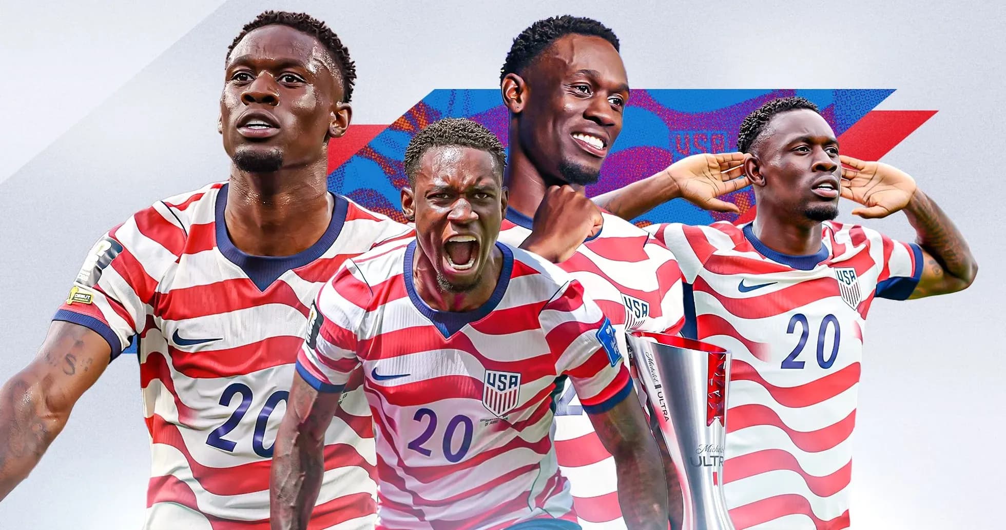 Player in USA jersey celebrating with trophy