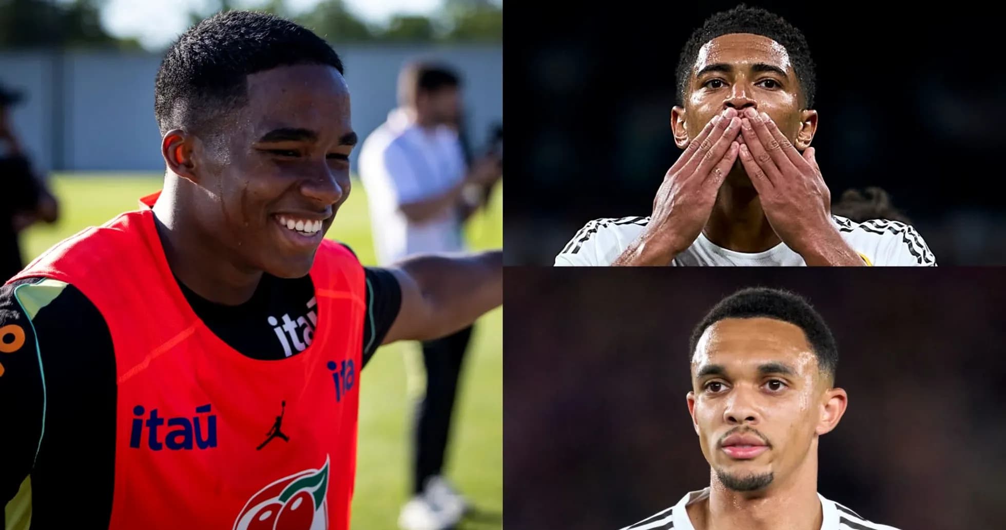Three soccer players in various poses during training