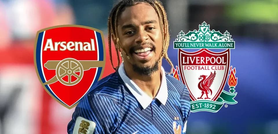 Player smiling with Arsenal and Liverpool logos behind
