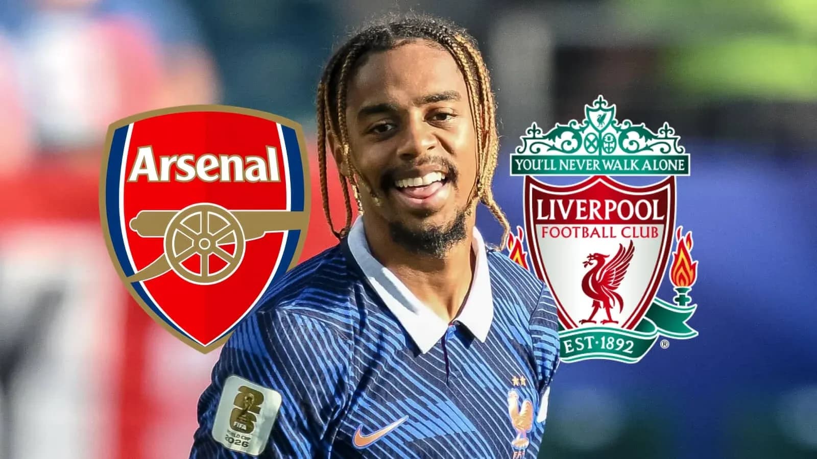 Player smiling with Arsenal and Liverpool logos behind