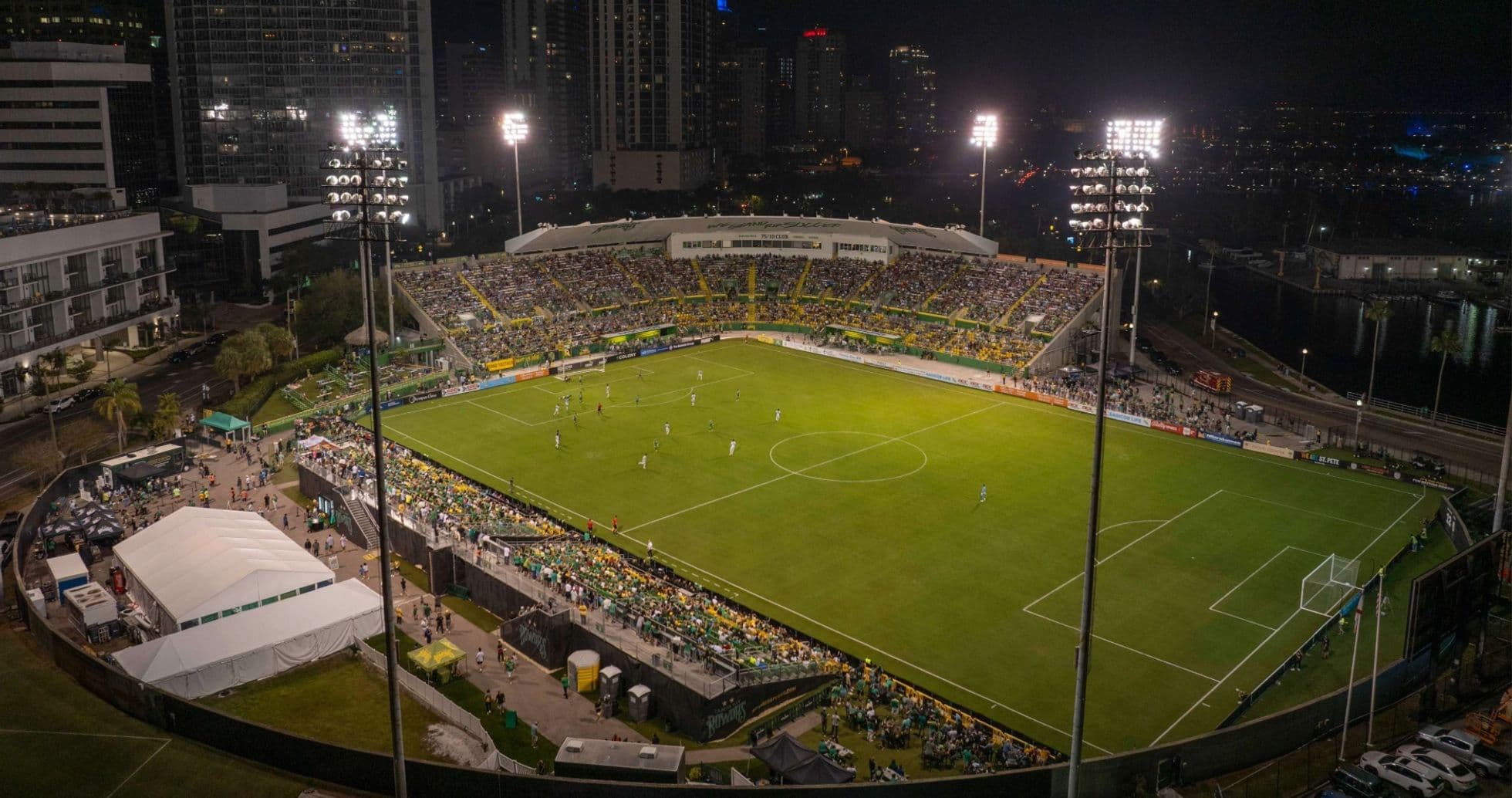 Night view of stadium during football match
