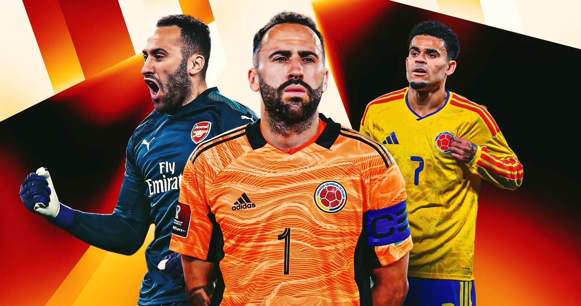 Three Colombian football players in team jerseys