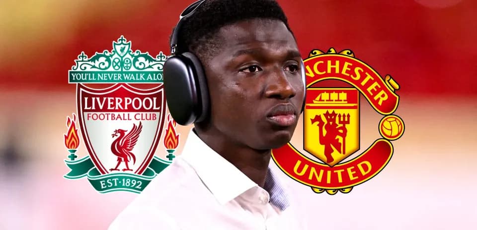 Player wearing headphones with Liverpool and Manchester United logos