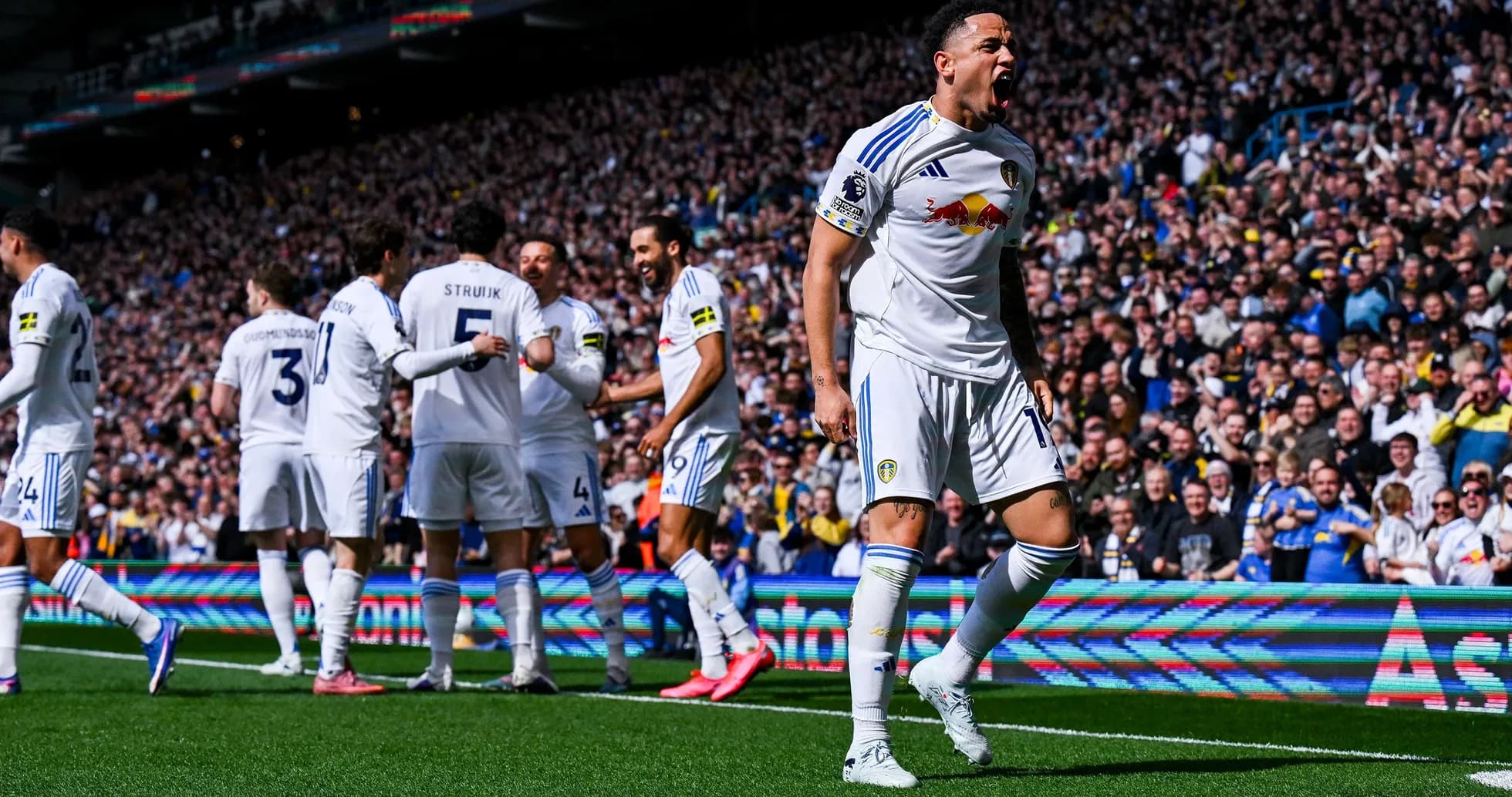 Leeds player celebrating a goal during match