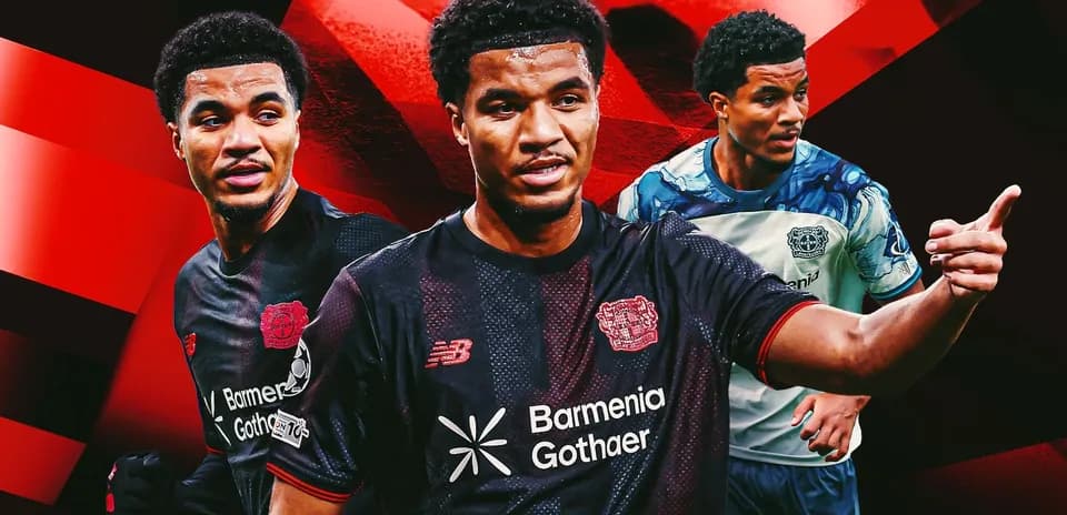Player in Bayer Leverkusen kit with red background