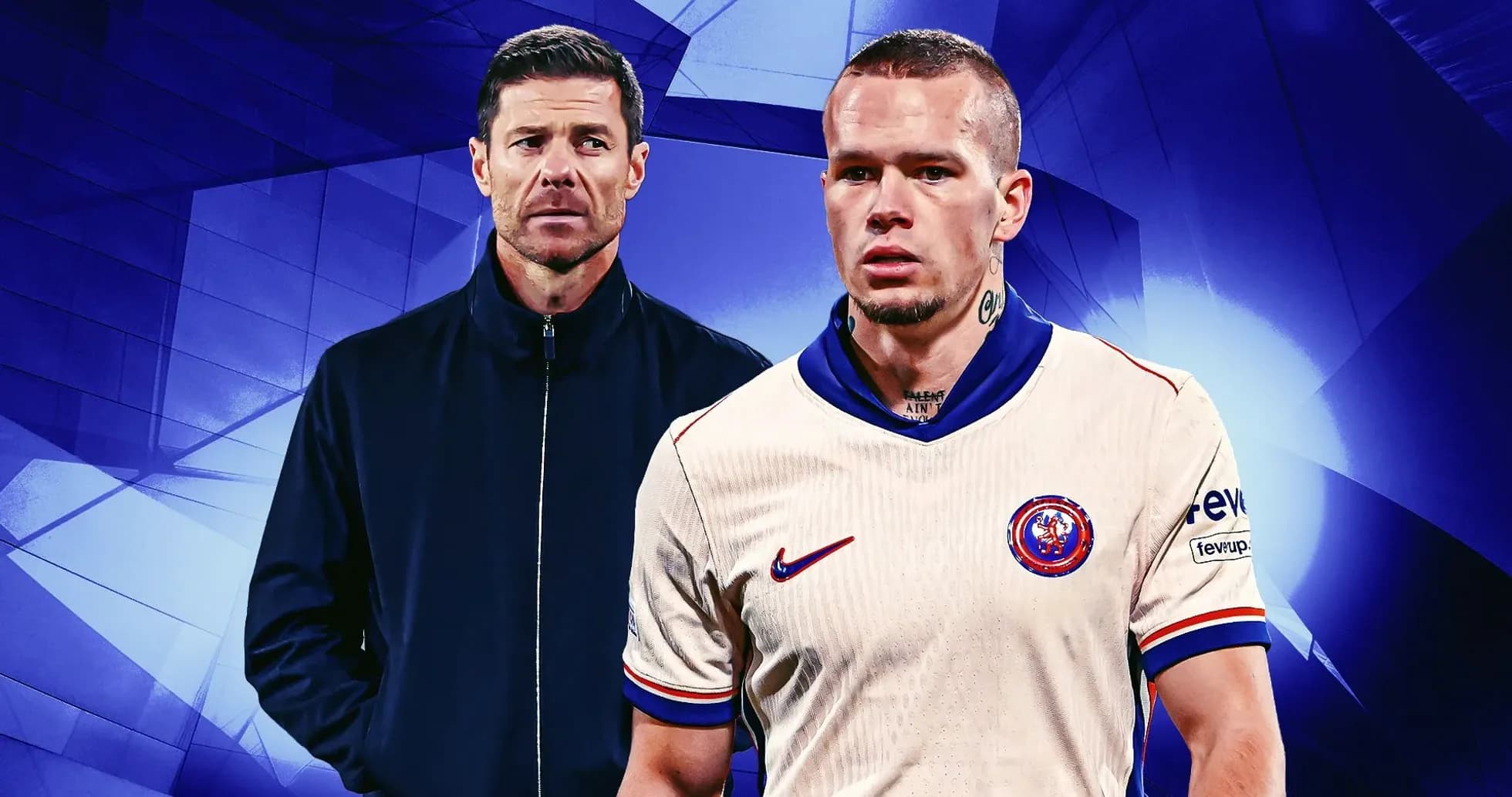 Coach and player in team uniforms with blue background