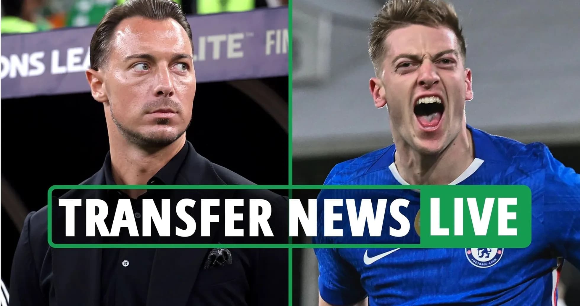 Two football players with transfer news overlay