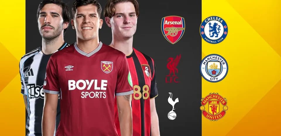 Three football players in club jerseys with logos