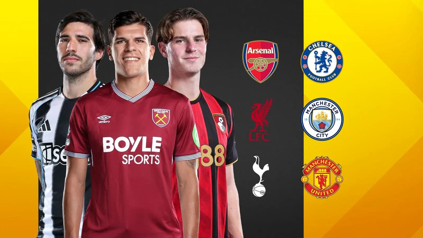 Three football players in club jerseys with logos
