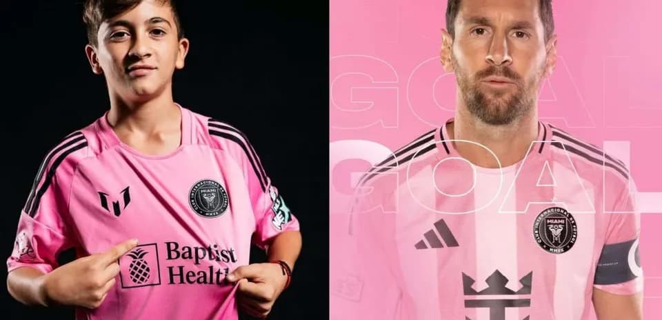 Young player and Lionel Messi in pink Miami jerseys