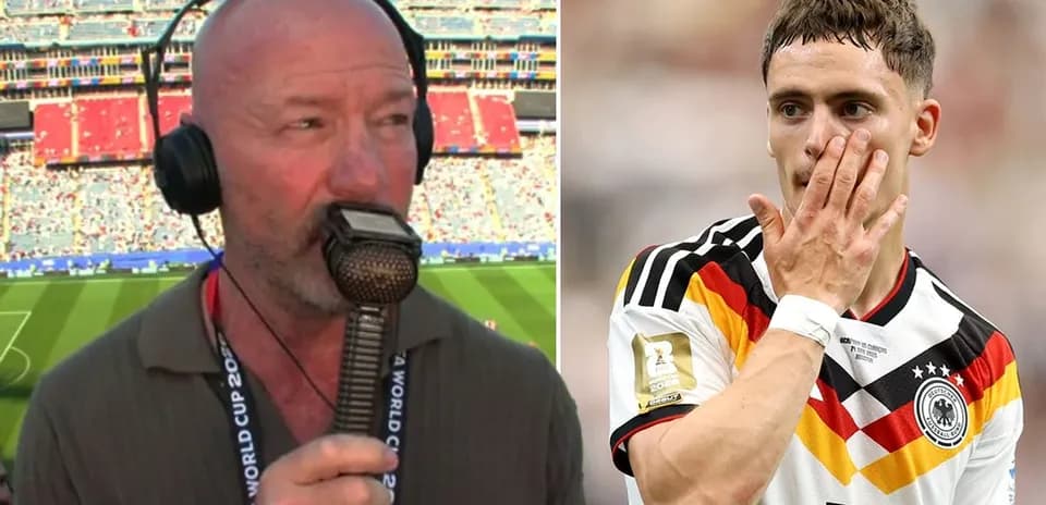 Sports commentator speaking with microphone, player in action