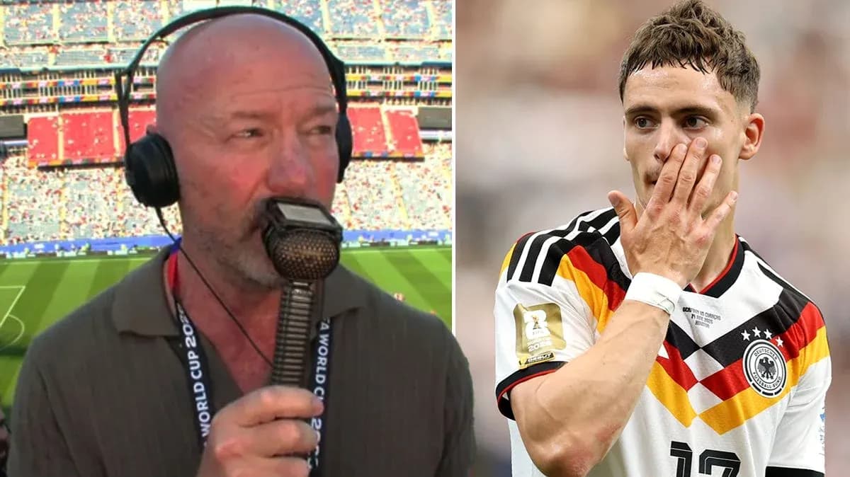 Sports commentator speaking with microphone, player in action