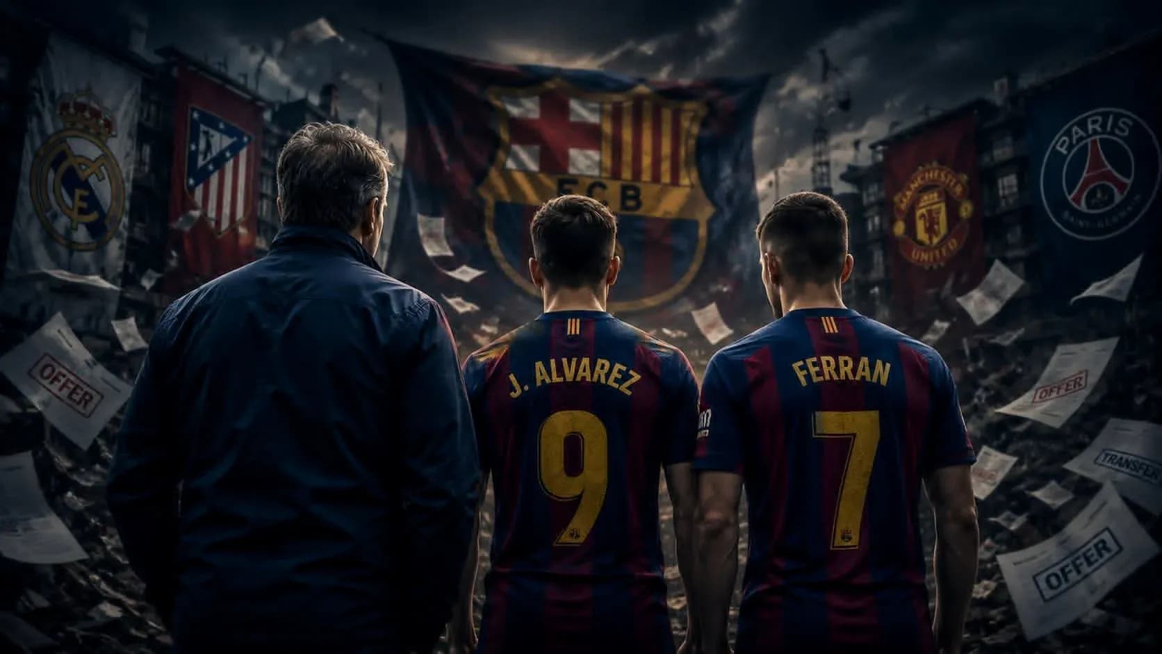 Barcelona players J. Alvarez and Ferran with coach