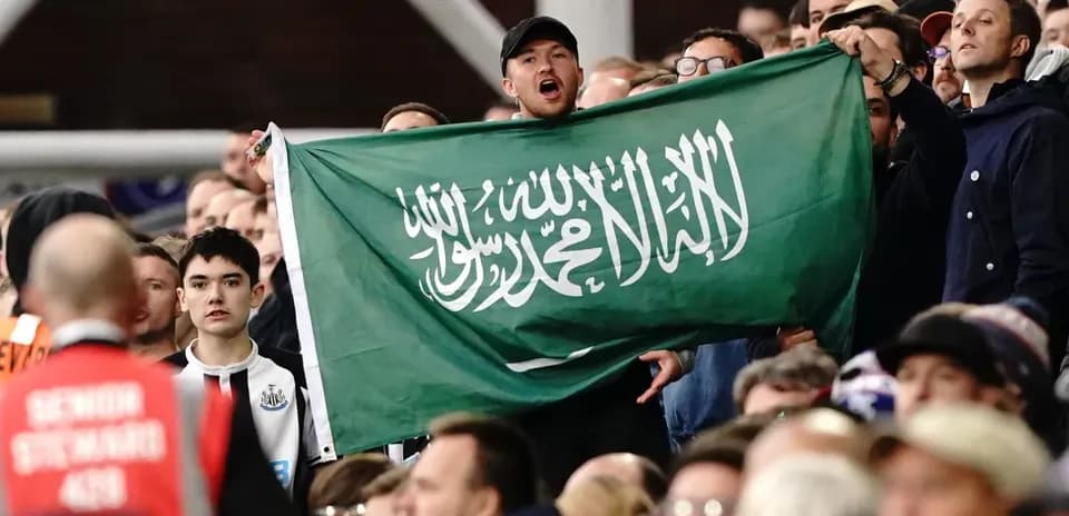 Fan holding Saudi Arabian flag in stadium crowd