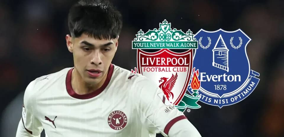 Player in action with Liverpool and Everton logos